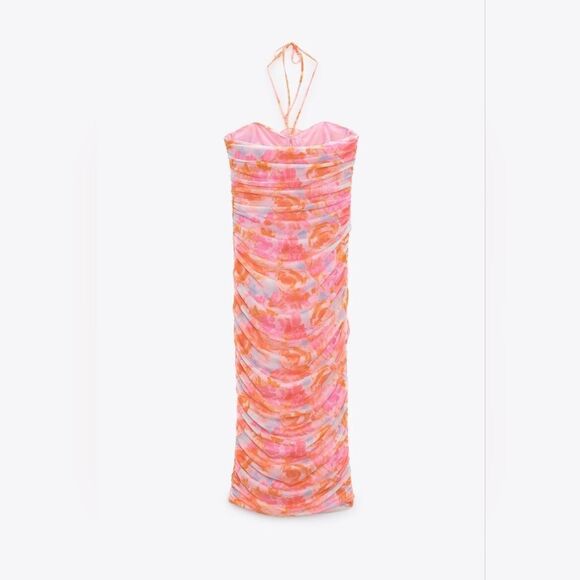 ZARA PRINTED TULLE MIDI DRESS PINK FLORAL - Picture 15 of 17